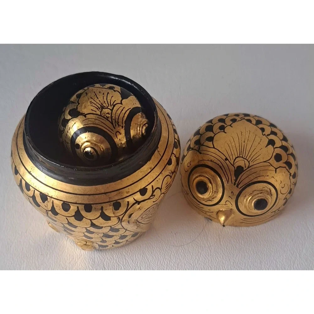Vintage Burmese Owl Gold Gilt Lacquer Nesting Boxes Set Of 2